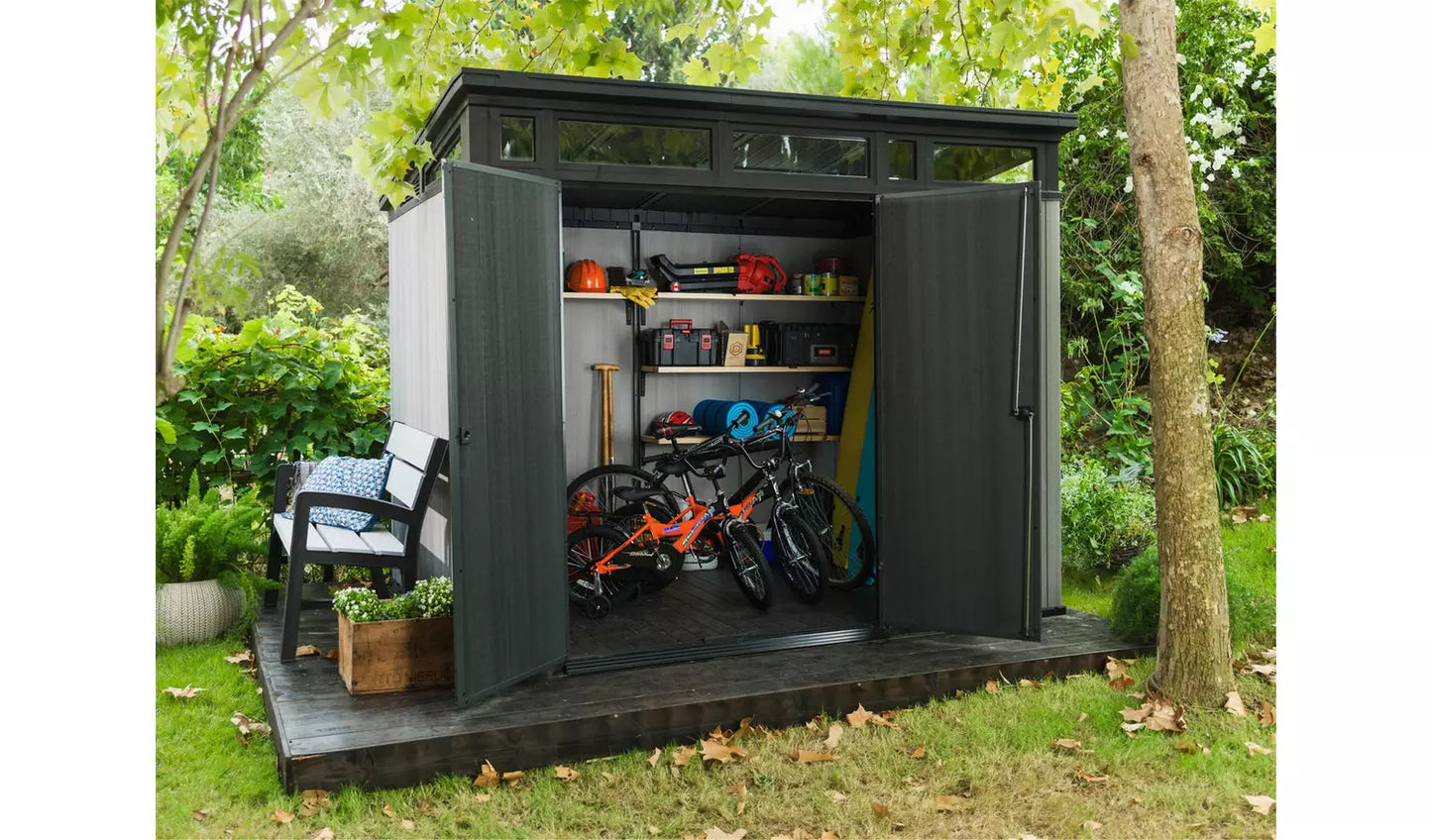 Outdoor Garden Shed 9ft x 7ft Plastic Double Door Grey