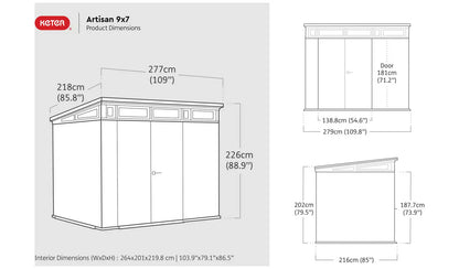 Outdoor Garden Shed 9ft x 7ft Plastic Double Door Grey